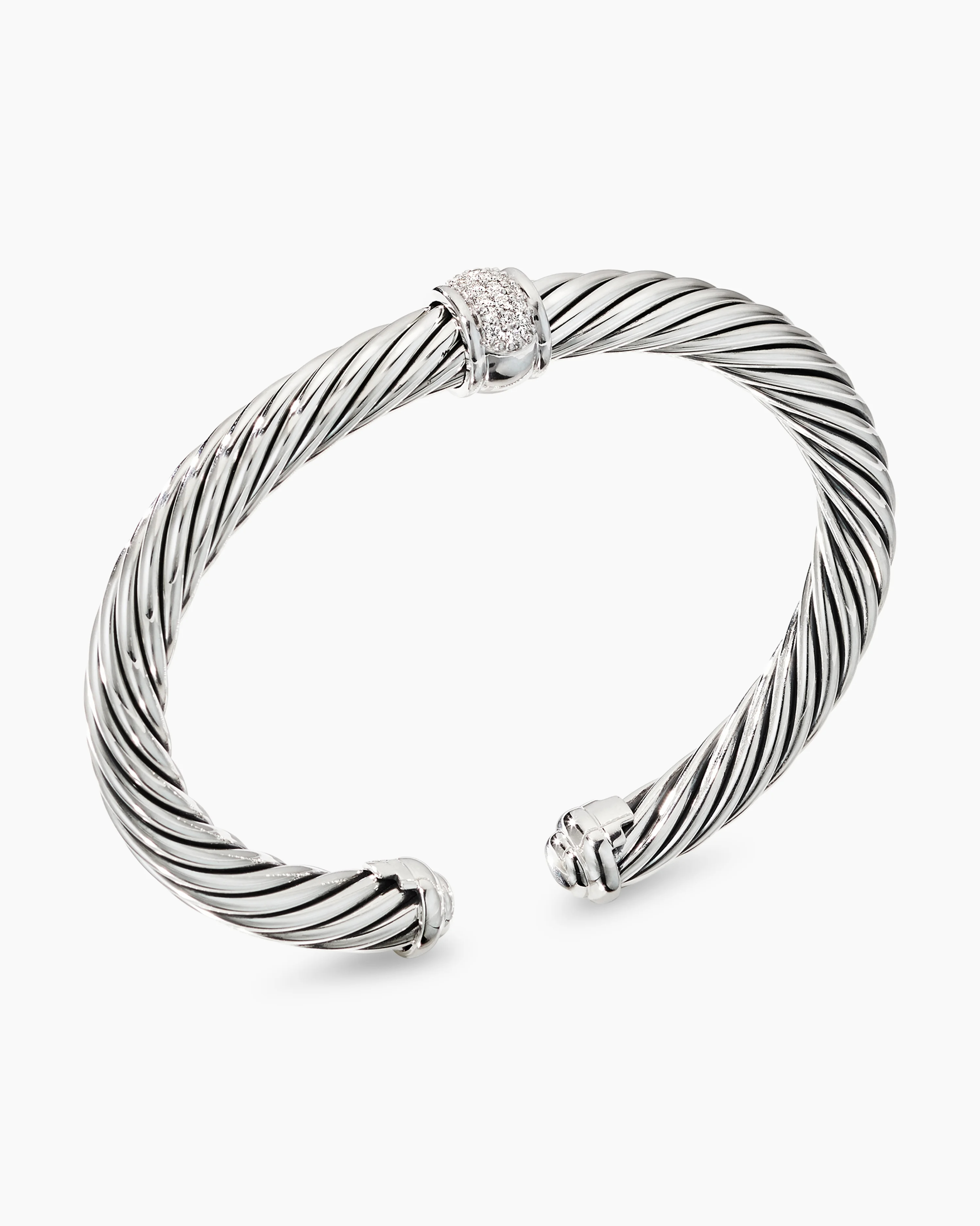 Classic Cable Station Bracelet Sterling Silver with Pave Diamonds, 7mm