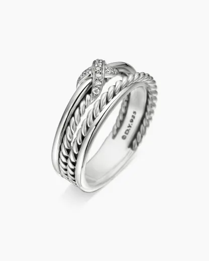 X Crossover Band Ring Sterling Silver with Diamonds