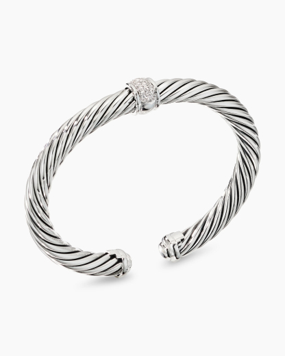 Classic Cable Station Bracelet Sterling Silver with Pave Diamonds, 7mm