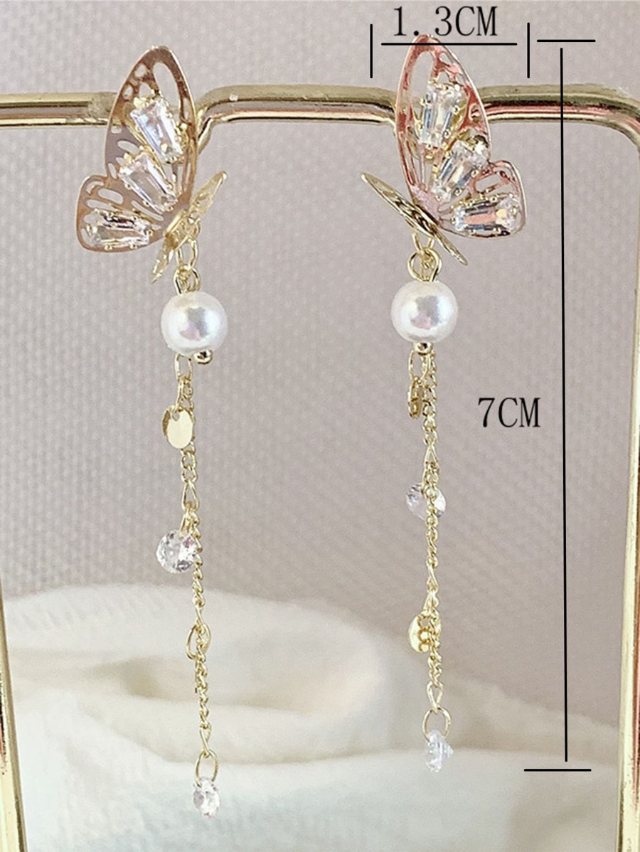 Faux Pearl & Rhinestone Decor Butterfly Drop Earrings