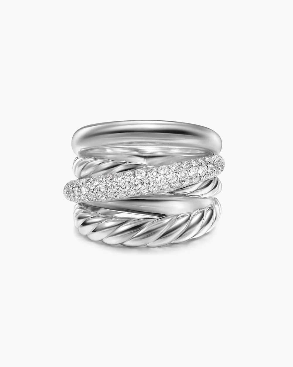 Crossover Five Row Ring Sterling Silver with Diamonds, 17.5mm