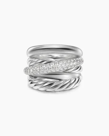 Crossover Five Row Ring Sterling Silver with Diamonds, 17.5mm