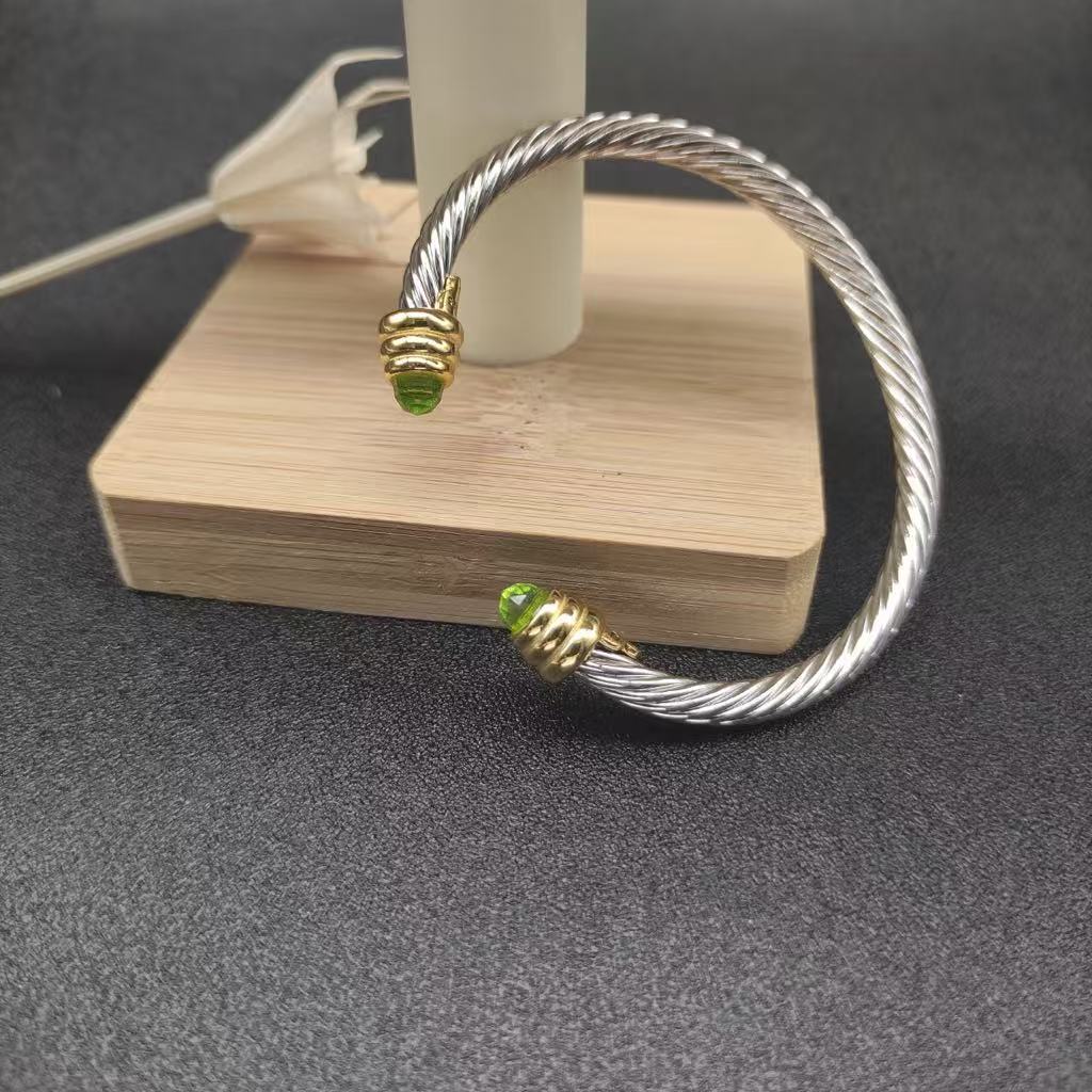 Classic Cable Bracelet Sterling Silver with Peridot and Diamonds, 5mm