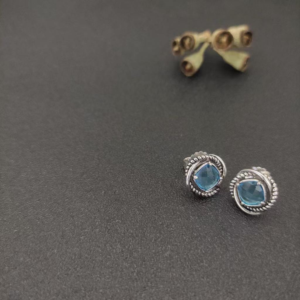 Infinity Stud Earrings Sterling Silver with Blue Topaz, 13mm
