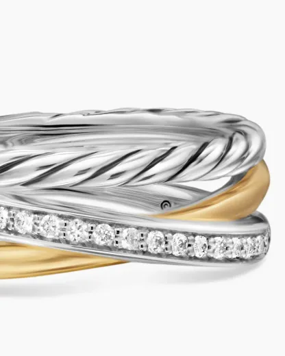 Crossover Three Row Ring Sterling Silver with 18K Yellow Gold and Diamonds