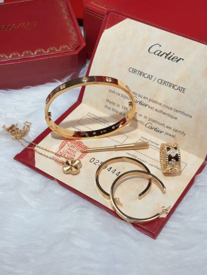 LOVE BRACELET, 10 DIAMONDS + LOVE EARRINGS + VINTAGE ALHAMBRA PENDANT + PERLEE CLOVERS RING