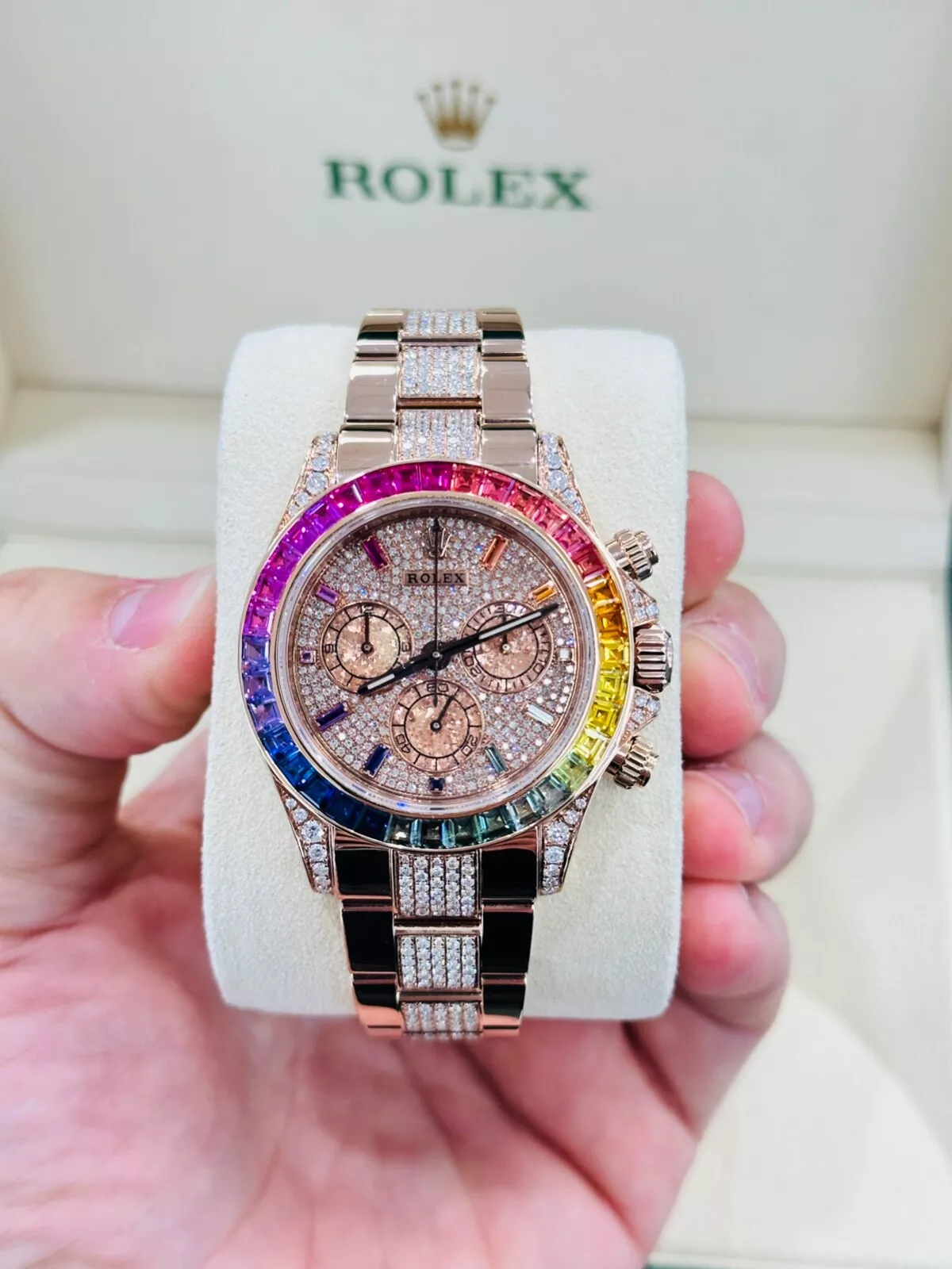 Cosmograph Daytona Rainbow colored baguette Bezel Rose Gold Diamond Oyster Men's Watch 116505