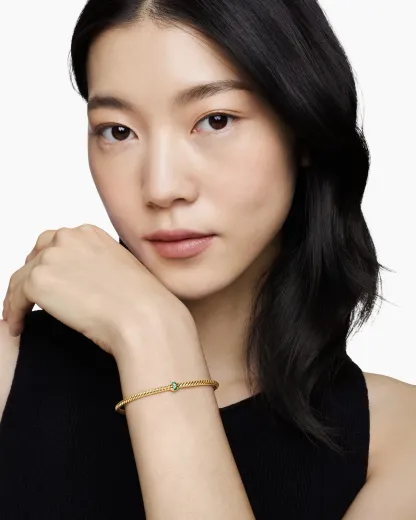 Classic Cablespira® Station Bracelet 18K Yellow Gold with Pavé Emeralds, 3mm