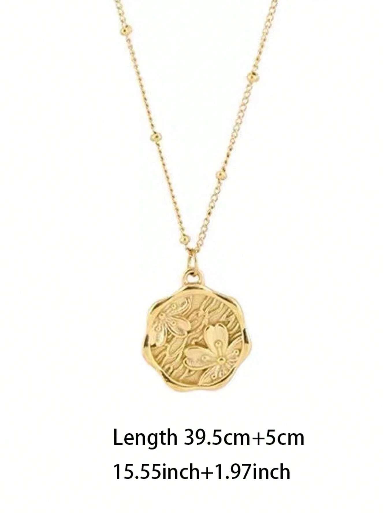 1pc Round Plate Peach Blossom Imprint Pendant Necklace Non-Fading