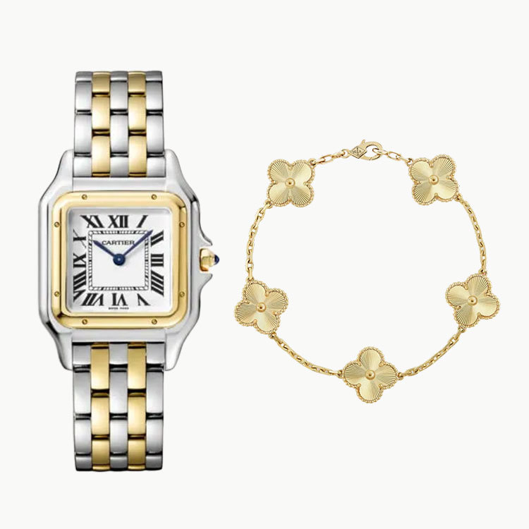 PANTHERE DE CAthtRTIER WATCH & VINTAGE ALHAMBRA BRACELET, 5 MOTIFS