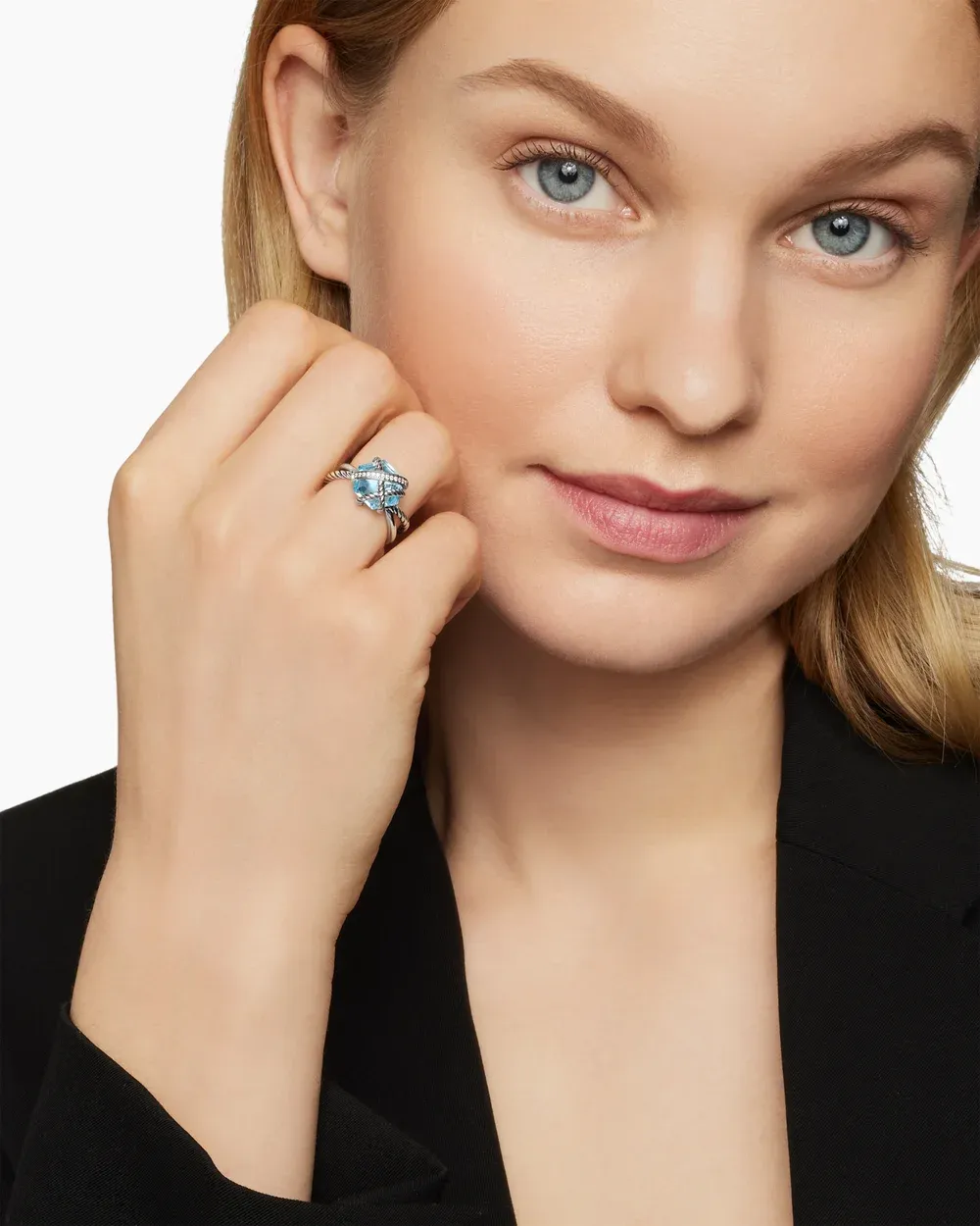 Cable Wrap Ring Sterling Silver with Blue Topaz and Diamonds