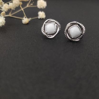 Infinity Stud Earrings Sterling Silver with White Agate, 13mm