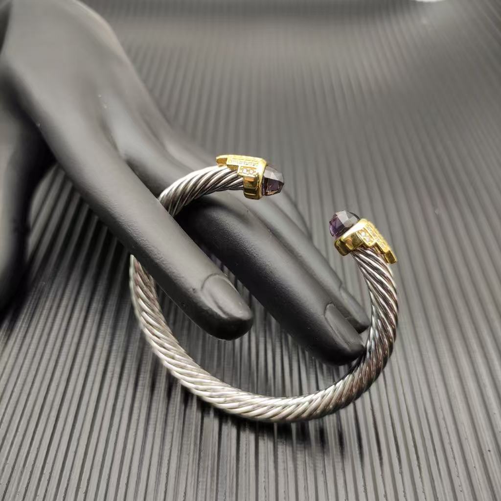 7mm Cable Bracelet with Amethyst & Diamond Accents – Gold Cap