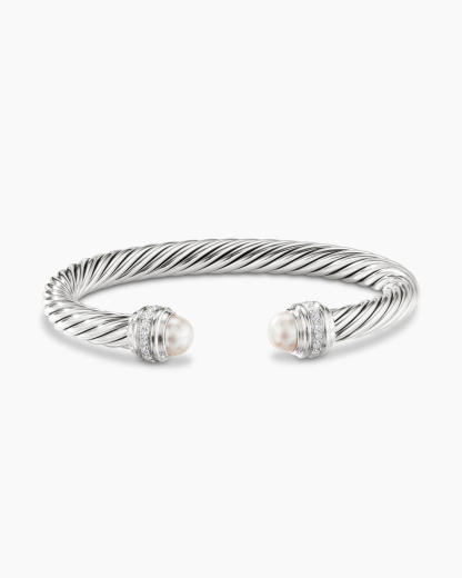 Classic Cable Bracelet Sterling Silver with Pearls and Diamonds, 7mm