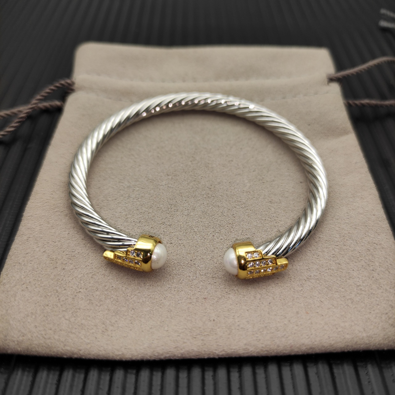 5mm Cable Bracelet with Pearl White Topaz & Diamond Accents