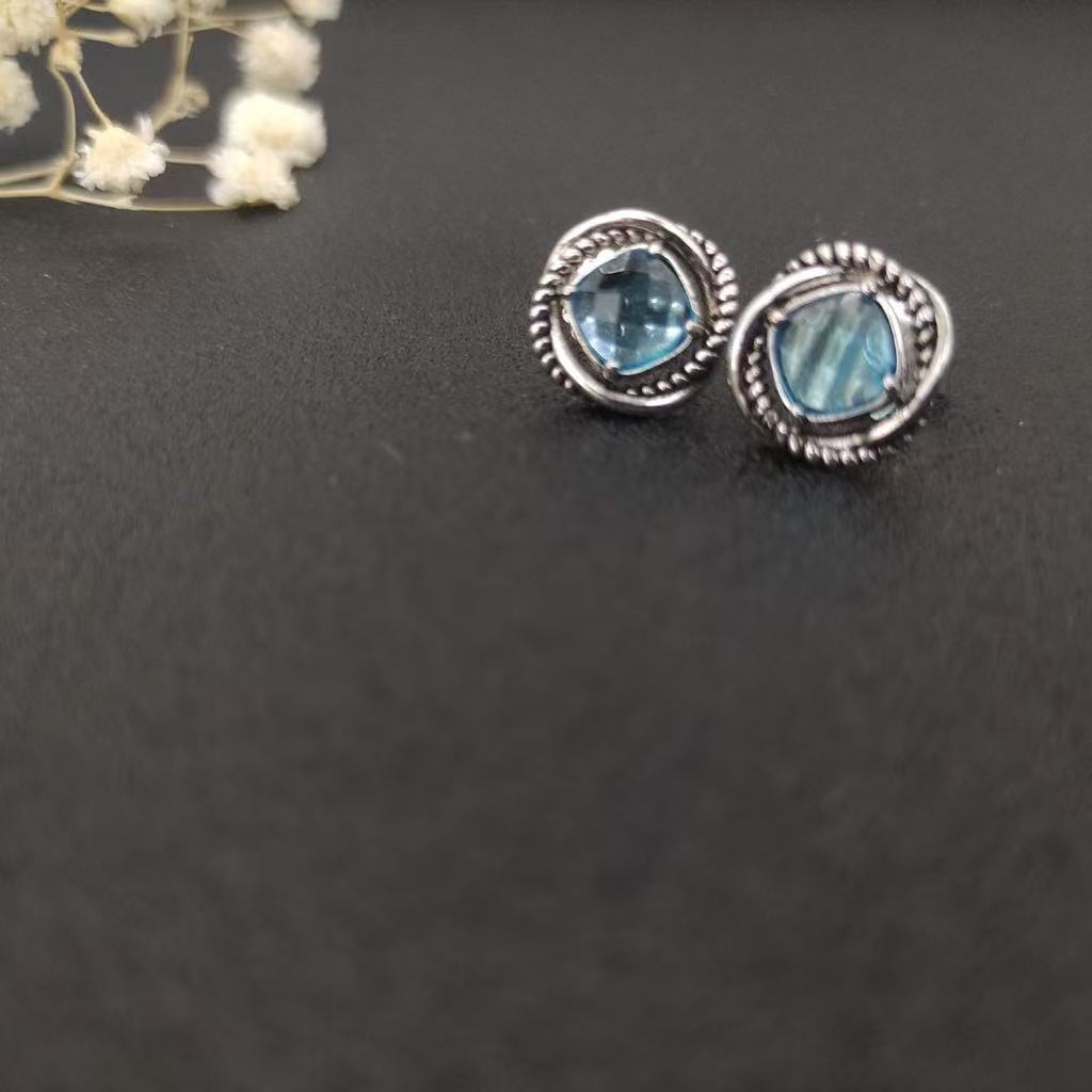 Infinity Stud Earrings Sterling Silver with Blue Topaz, 13mm