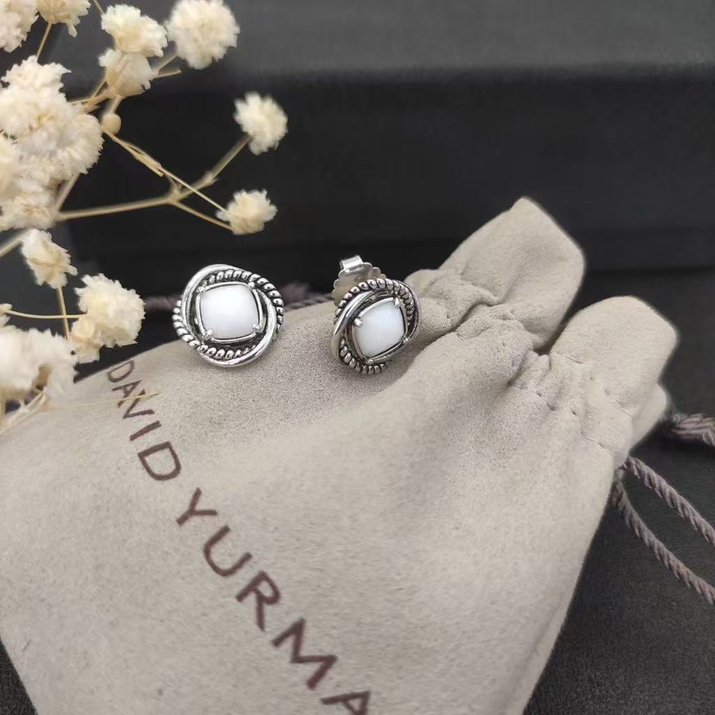 Infinity Stud Earrings Sterling Silver with White Agate, 13mm