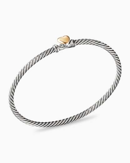 Classic Cable Heart Station Bracelet Sterling Silver with 18K Yellow Gold, 3mm