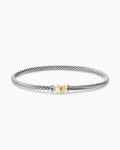 Classic Cable Heart Station Bracelet Sterling Silver with 18K Yellow Gold, 3mm