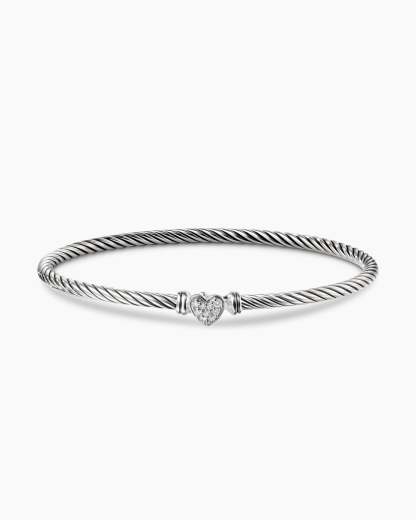 Classic Cable Heart Station Bracelet Sterling Silver with Pav茅 Diamonds, 3mm