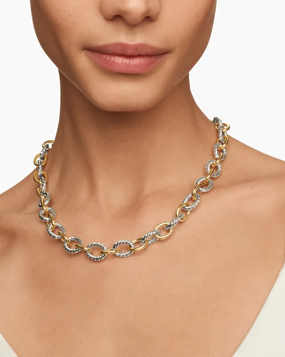 Oval Link Chain Necklace Sterling Silver with 18K Yellow Gold, 16mm