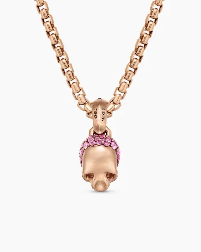 Skull Amulet Full Pavé Pink Sapphires and 18K Rose Gold, 14mm