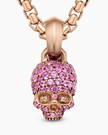 Skull Amulet Full Pavé Pink Sapphires and 18K Rose Gold, 14mm