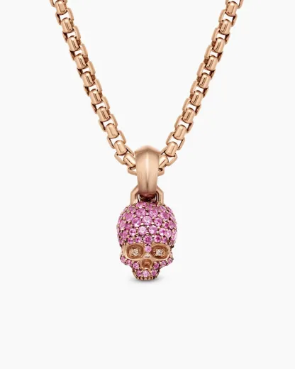 Skull Amulet Full Pavé Pink Sapphires and 18K Rose Gold, 14mm