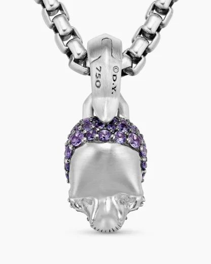 Skull Amulet Full Pavé Purple Sapphires and 18K White Gold, 14mm
