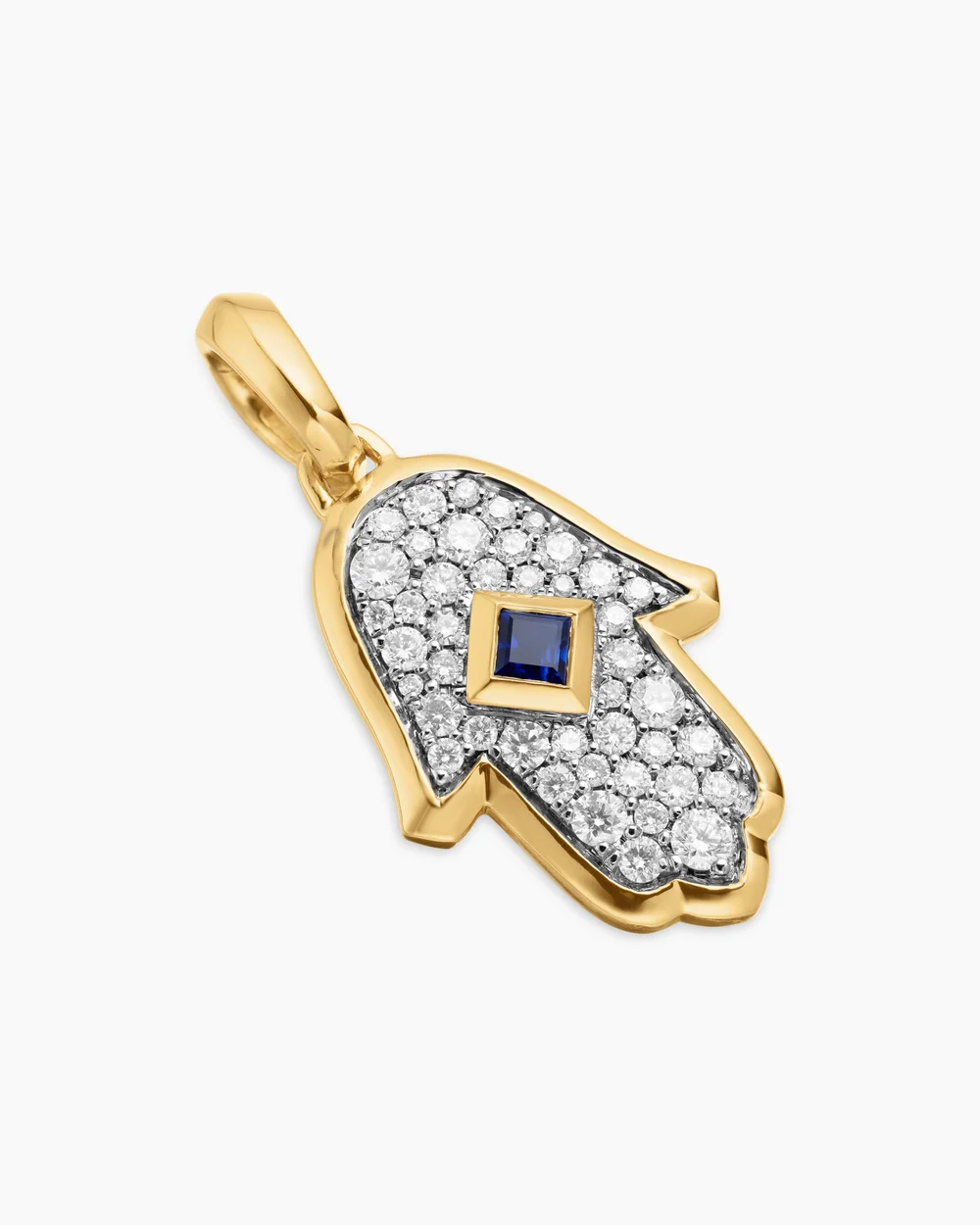 Hamsa Amulet 18K Yellow Gold with Pavé Diamonds and Blue Sapphire, 24.6mm