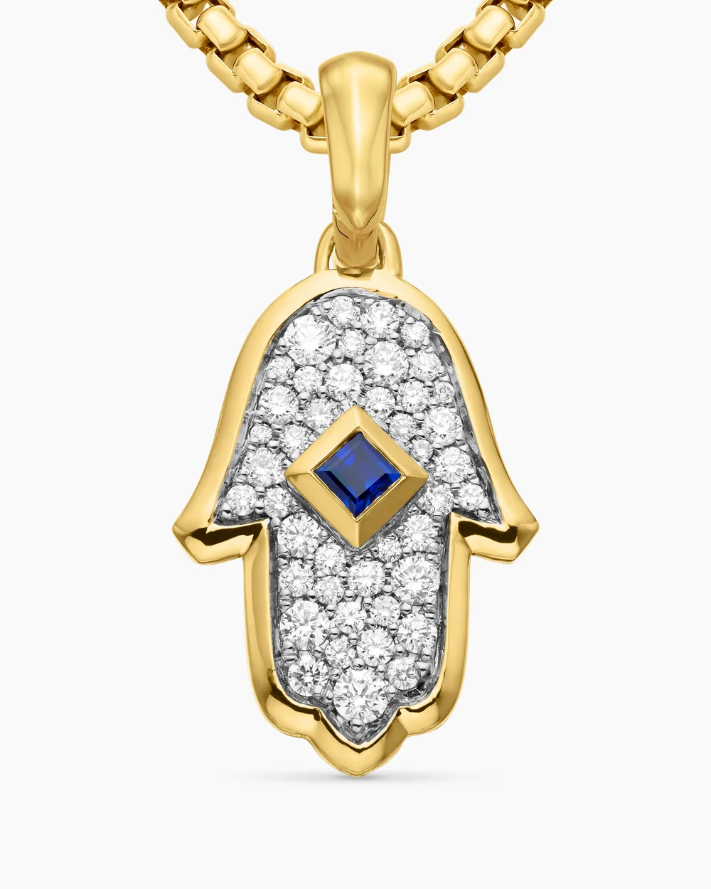 Hamsa Amulet 18K Yellow Gold with Pavé Diamonds and Blue Sapphire, 24.6mm