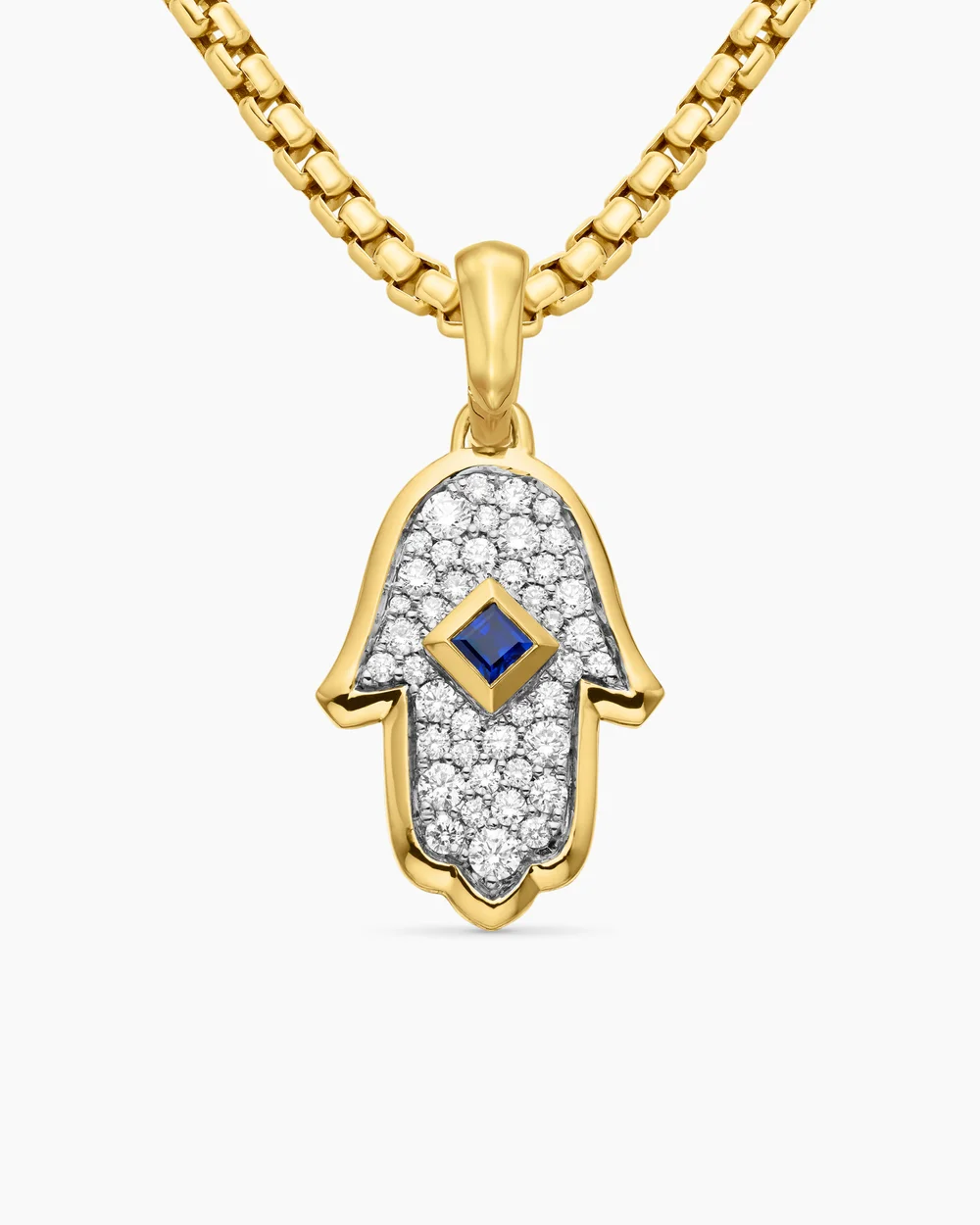 Hamsa Amulet 18K Yellow Gold with Pavé Diamonds and Blue Sapphire, 24.6mm