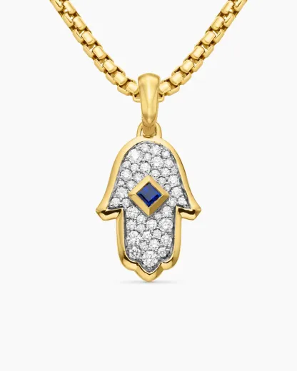 Hamsa Amulet 18K Yellow Gold with Pavé Diamonds and Blue Sapphire, 24.6mm