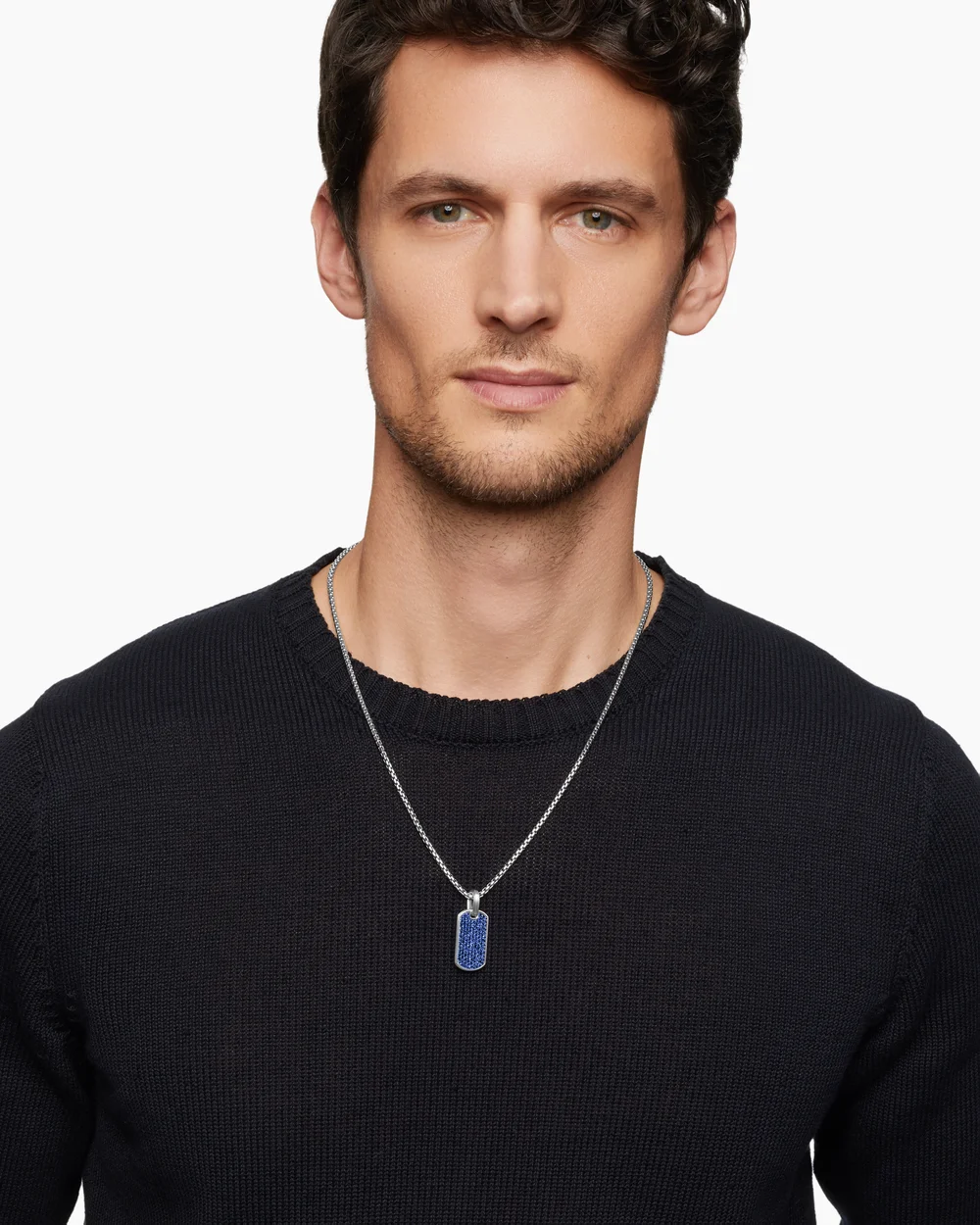 Chevron Tag Sterling Silver with Sapphires, 27mm