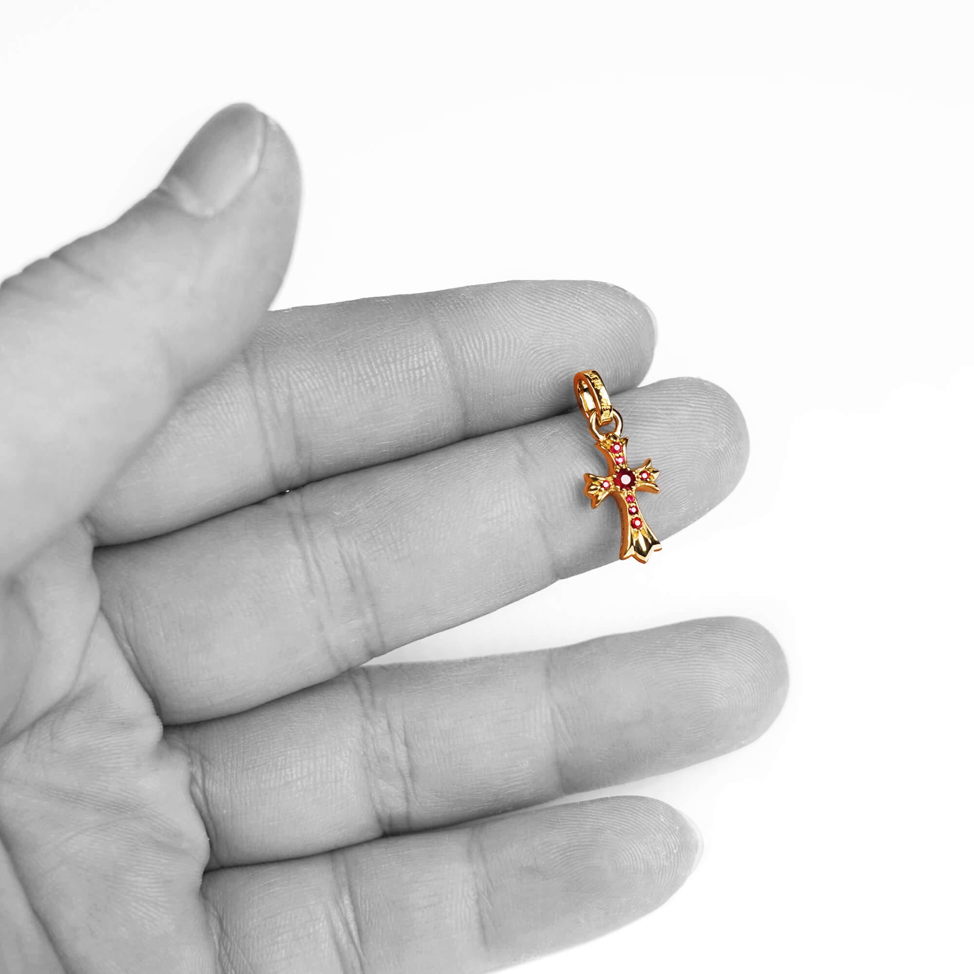 22K GOLD BABY CROSS CHARM EARRINGS WITH RUBIES