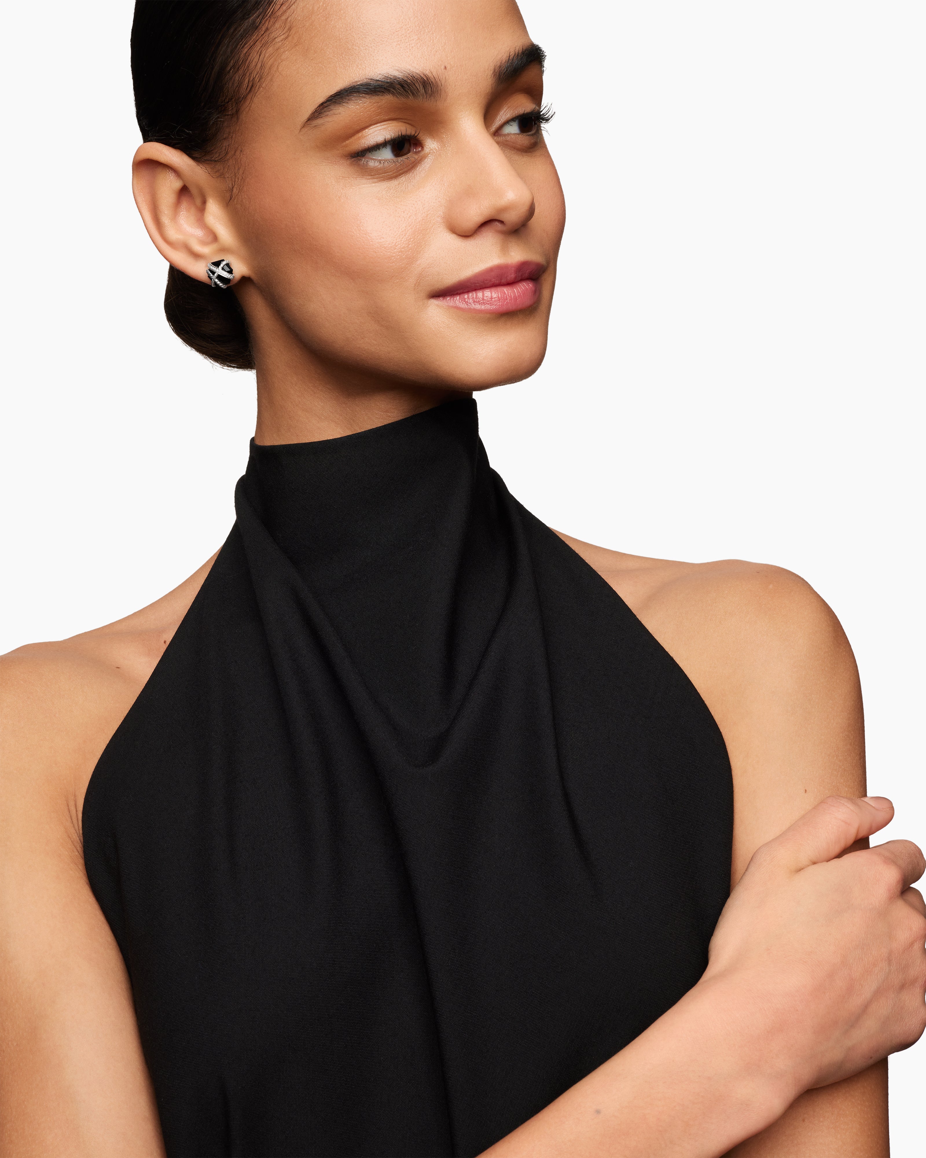 Cable Wrap Stud Earrings Sterling Silver with Black Onyx and Diamonds, 11mm