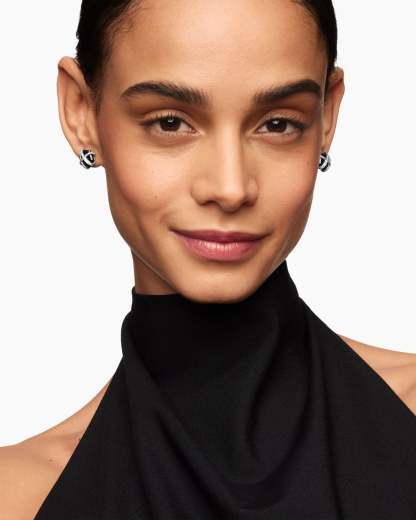 Cable Wrap Stud Earrings Sterling Silver with Black Onyx and Diamonds, 11mm