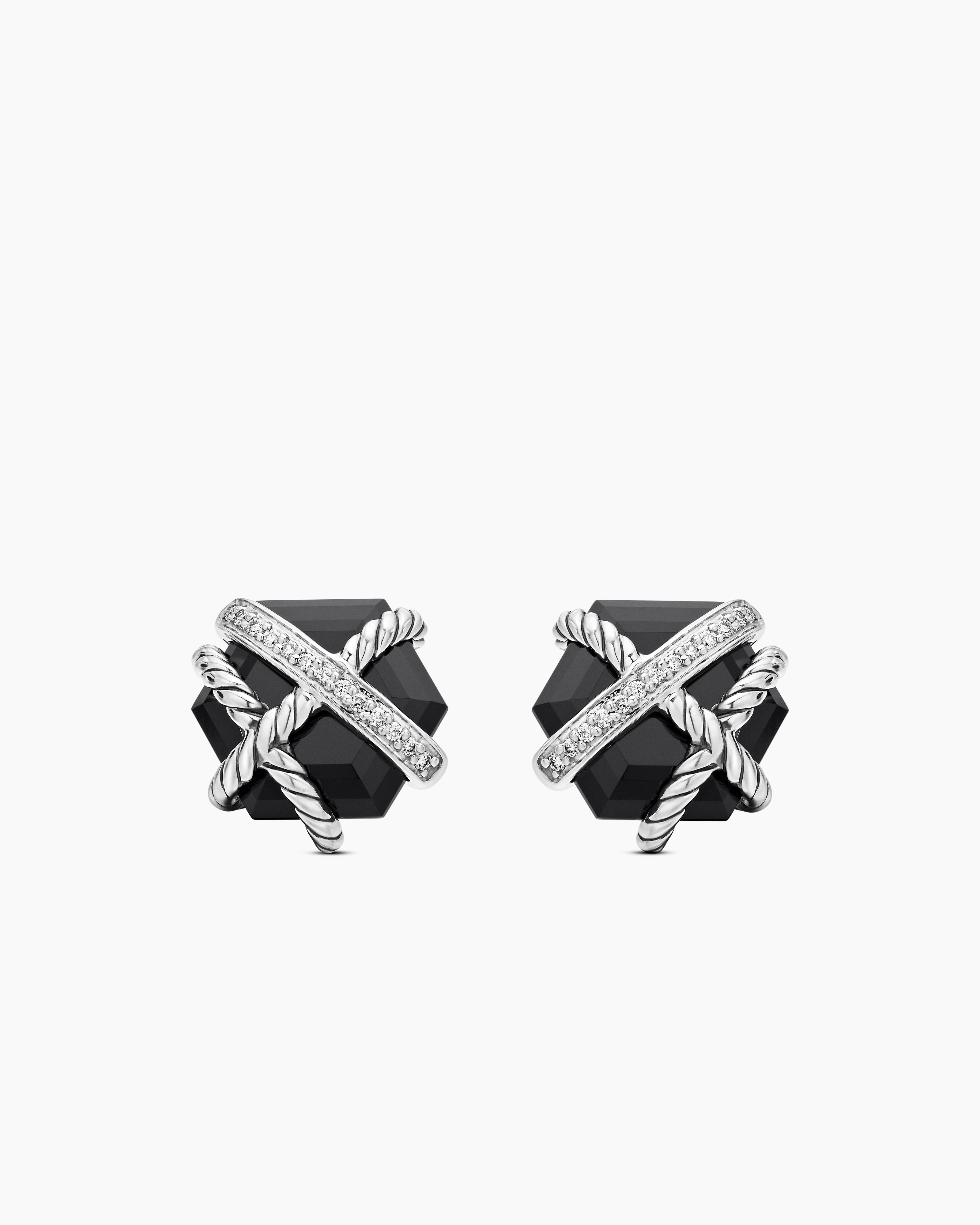 Cable Wrap Stud Earrings Sterling Silver with Black Onyx and Diamonds, 11mm