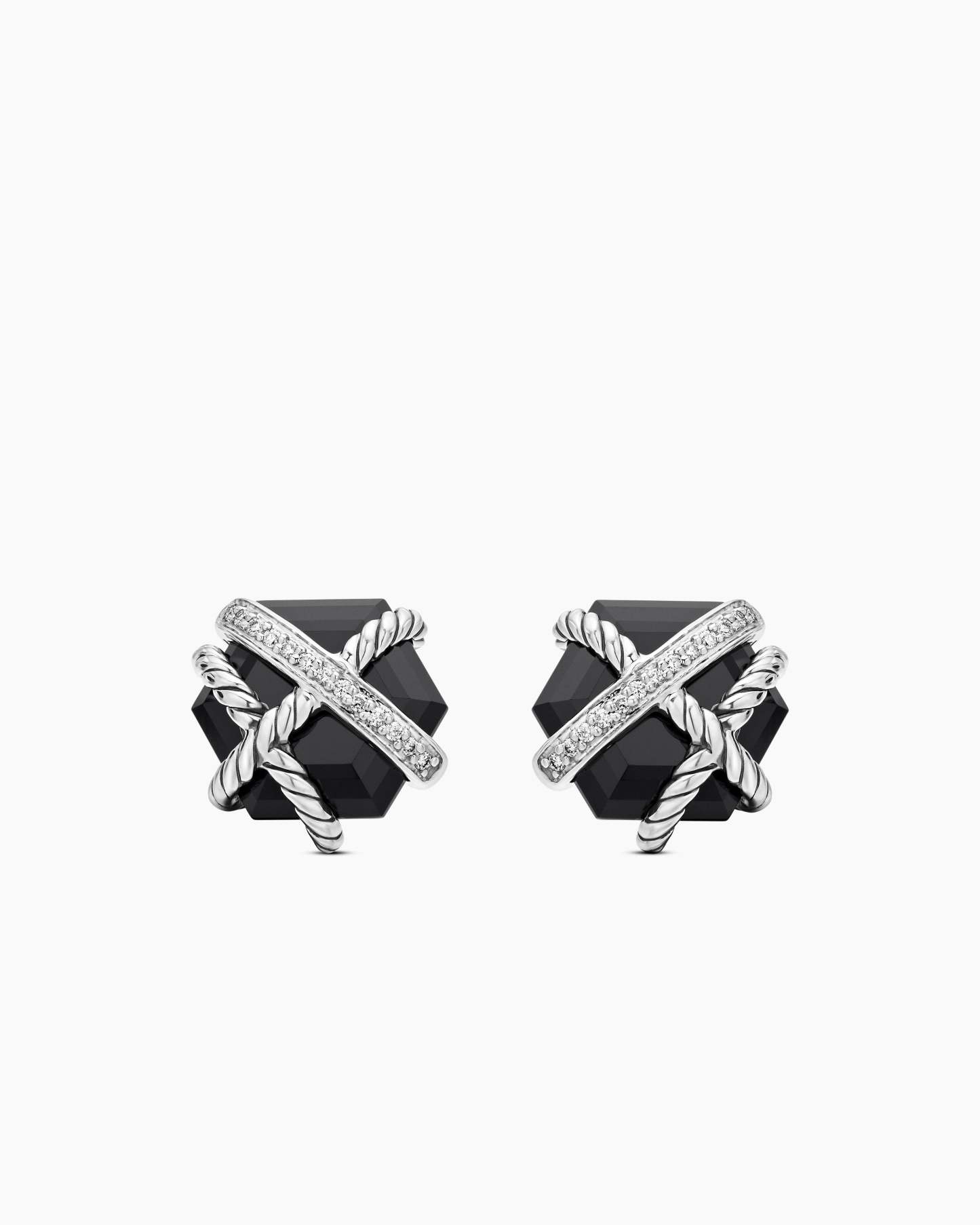 Cable Wrap Stud Earrings Sterling Silver with Black Onyx and Diamonds, 11mm
