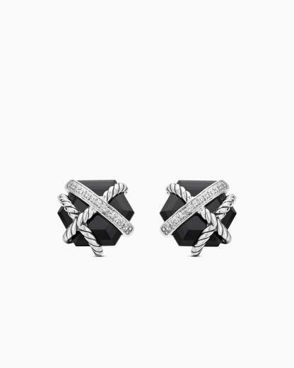 Cable Wrap Stud Earrings Sterling Silver with Black Onyx and Diamonds, 11mm