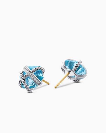 Cable Wrap Stud Earrings Sterling Silver with Blue Topaz and Diamonds, 11mm