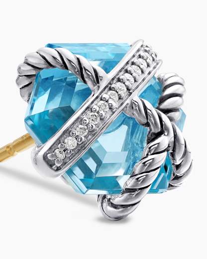 Cable Wrap Stud Earrings Sterling Silver with Blue Topaz and Diamonds, 11mm