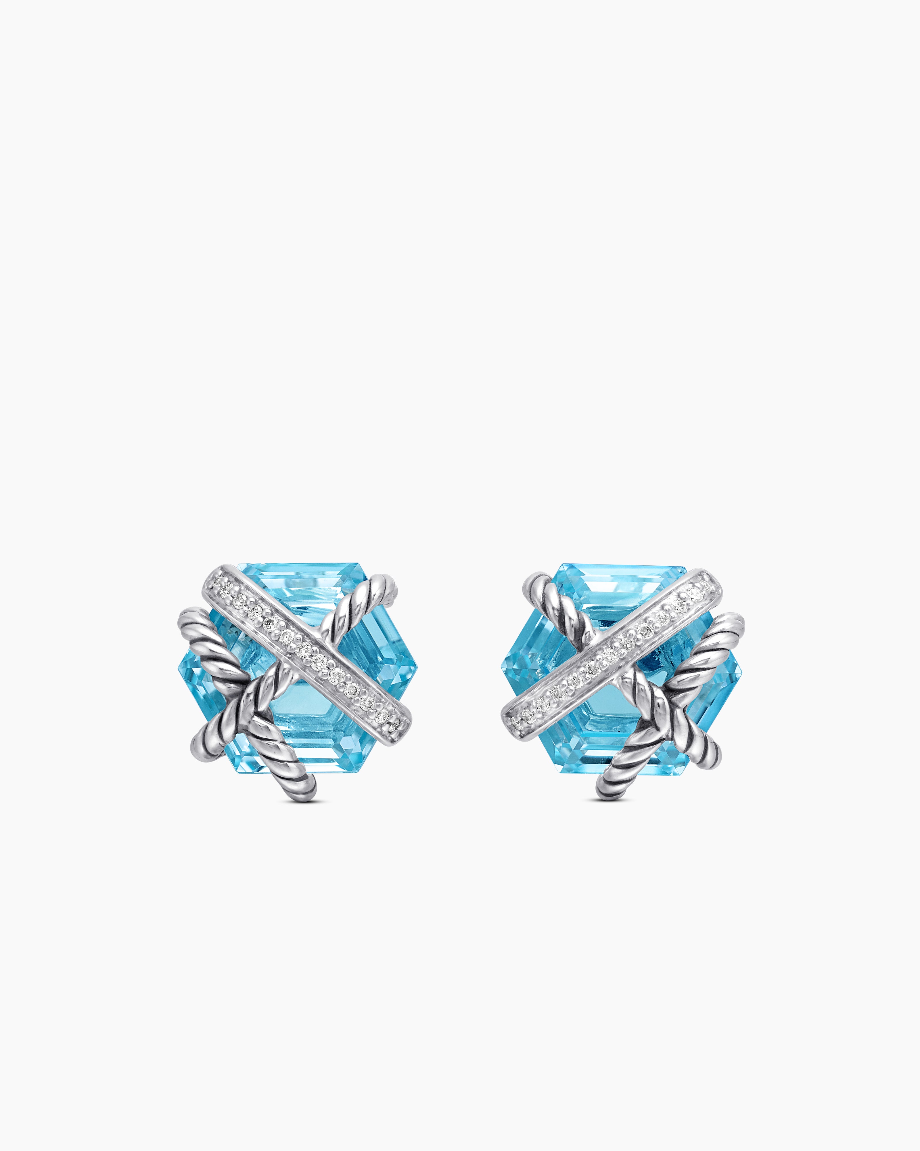 Cable Wrap Stud Earrings Sterling Silver with Blue Topaz and Diamonds, 11mm