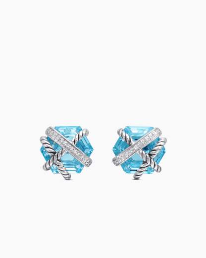 Cable Wrap Stud Earrings Sterling Silver with Blue Topaz and Diamonds, 11mm