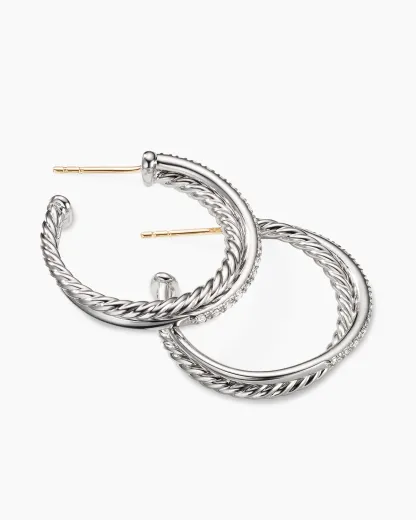 Crossover Hoop Earrings Sterling Silver with Diamonds, 26.5mm