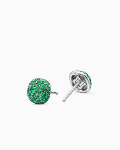 Cushion Stud Earrings 18K White Gold with Pavé Emeralds, 8mm
