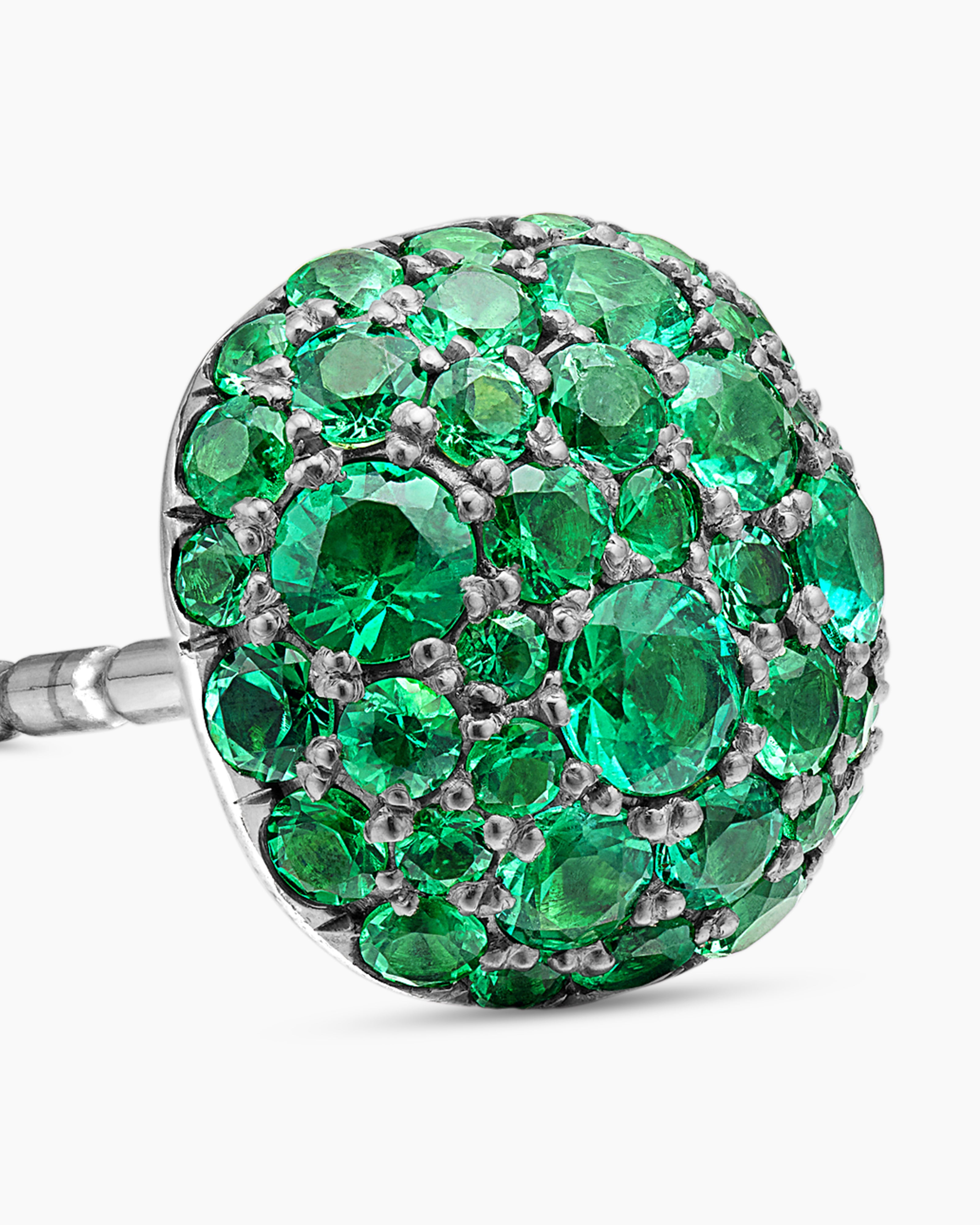 Cushion Stud Earrings 18K White Gold with Pavé Emeralds, 8mm
