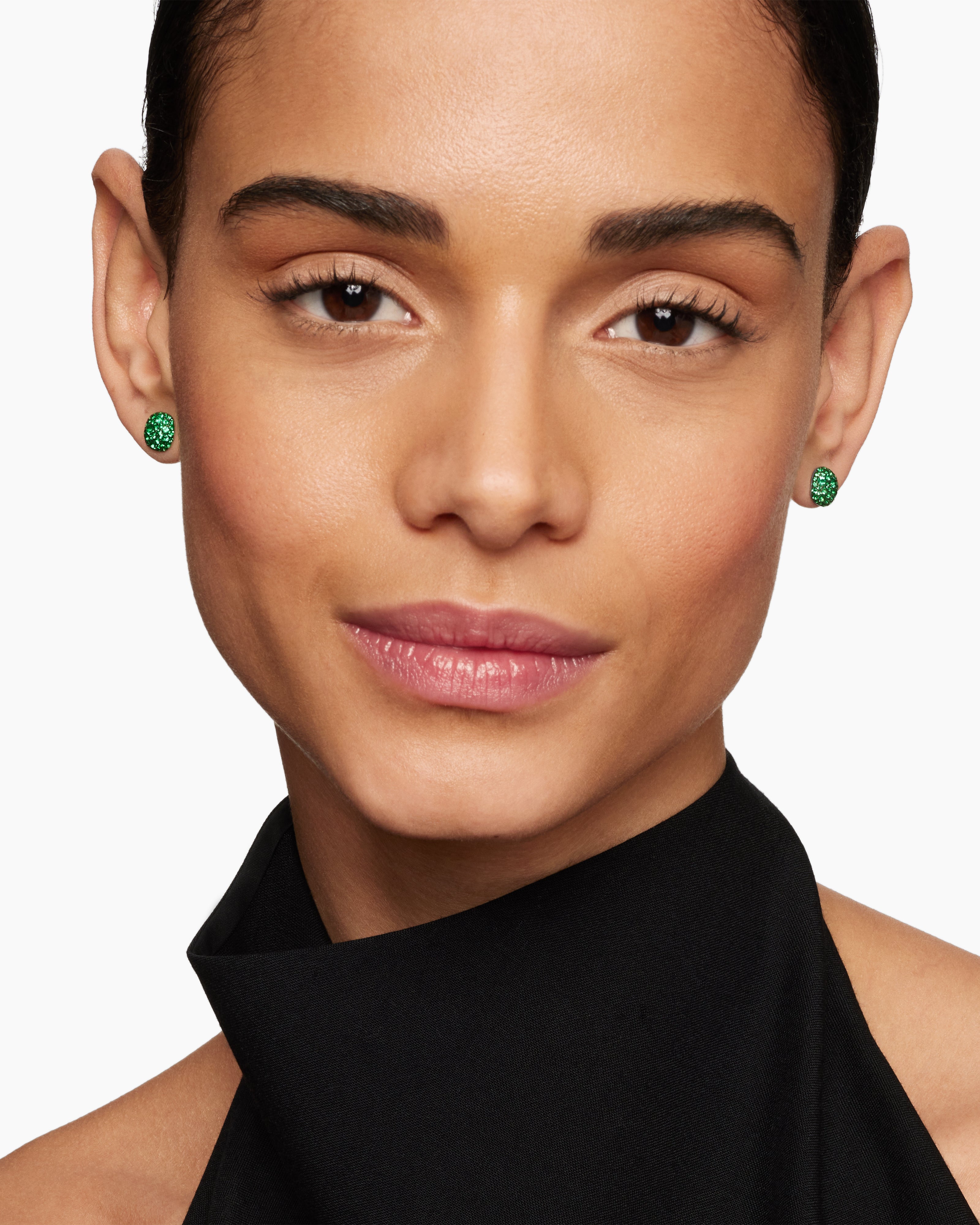 Cushion Stud Earrings 18K White Gold with Pavé Emeralds, 8mm