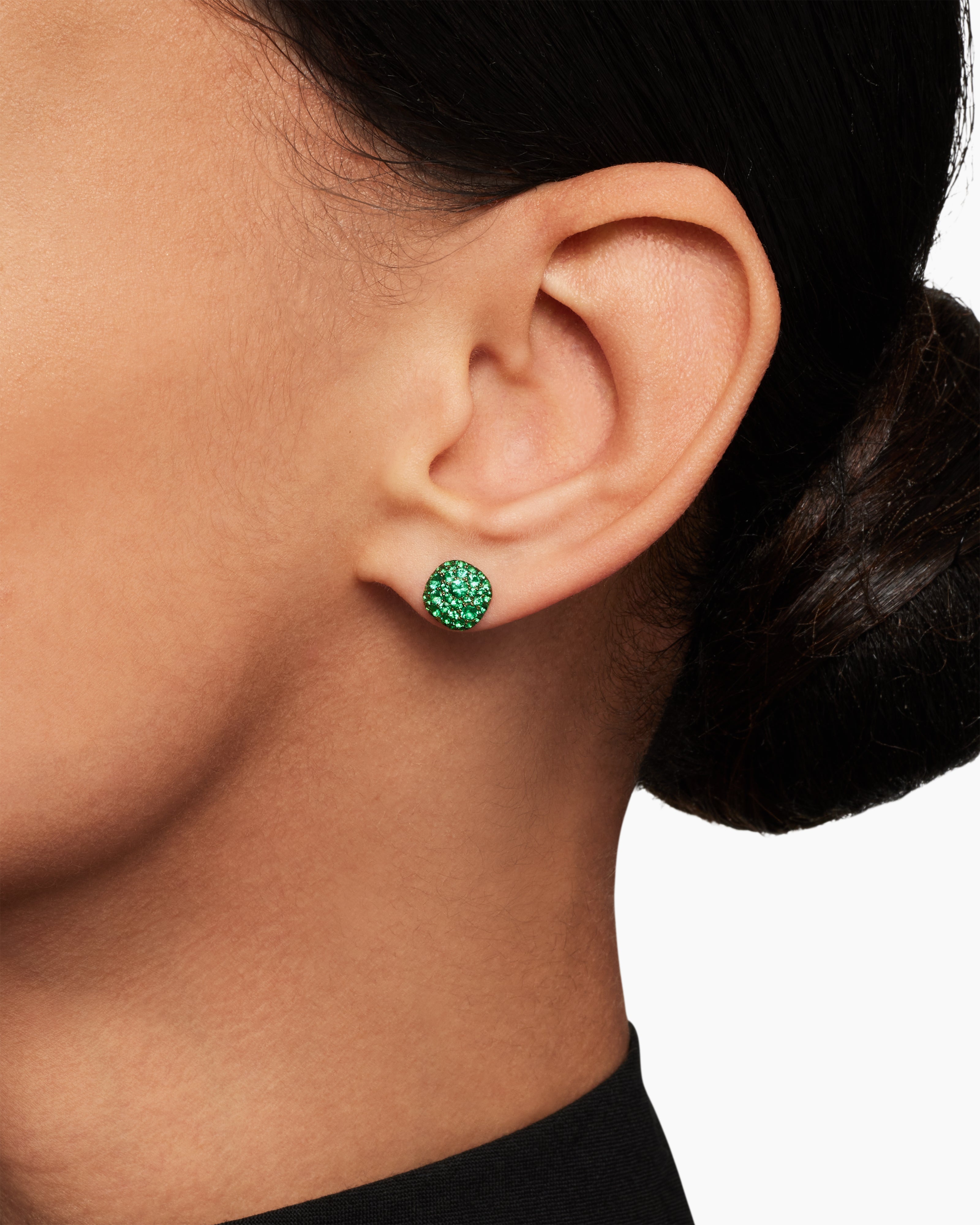 Cushion Stud Earrings 18K White Gold with Pavé Emeralds, 8mm