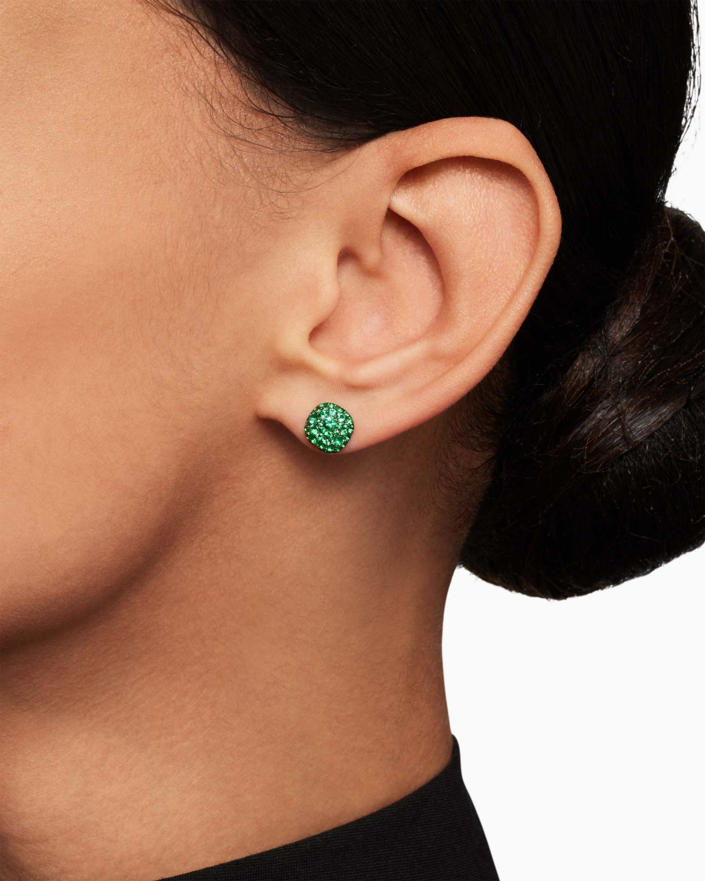 Cushion Stud Earrings 18K White Gold with Pavé Emeralds, 8mm